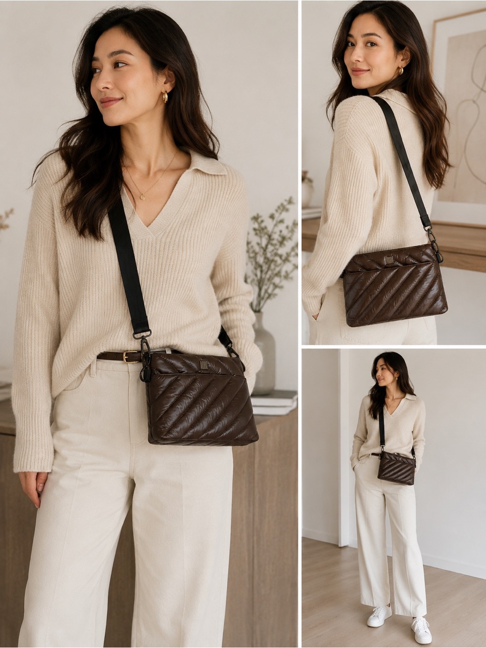 Think Royln Brown Quilted Crossbody Bag Nylon Puffer Adjustable Strap